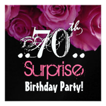 Pink Rose Bouquet 70th Surprise Birthday Metallic Personalized Announcements