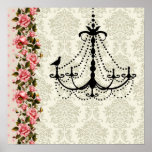 Pink Rose Damask Bird Chandelier Wall Art Print
