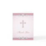 Pink Rose Damask Cross Christian Thank You Card