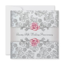 Pink Rose Damask Silver 25th Wedding Anniversary Custom Invite