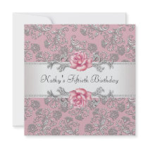 Pink Rose Damask Womans 50th Birthday Party Invitations