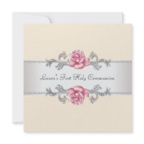 Pink Rose Girls First Communion Personalized Invitation