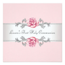 Pink Rose Girls First Communion Invitations