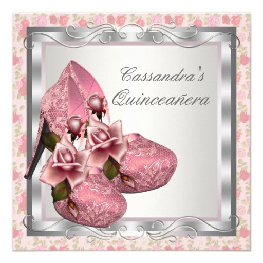 Pink Rose High Heel Shoes Quinceanera 13 Cm X 13 Cm Square Invitation ...