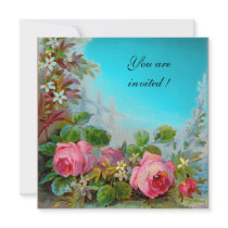PINK ROSES & JASMINES  Aqua Blue,Turquase,Teal Gem Custom Invitations