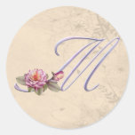 Pink Roses Monogram M Round Sticker
