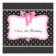Pink Roses Pink Black Girls 5th Birthday Party Custom Invites