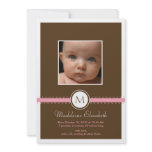 Pink Satin Ribbon with Monogram Birth Announcement invitations