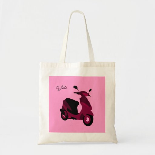 Pink Scooter Girl Custom Monogrammed Initials Tote Bags