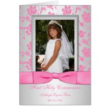 Pink Silver First Communion Photo Thank You Card