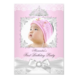 pink & Silver Princess Girl First Birthday Party 9 Cm X 13 Cm Invitation Card
