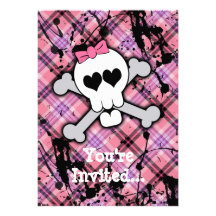 Pink Skull and Crossbones with Hearts and Bow Custom Invites