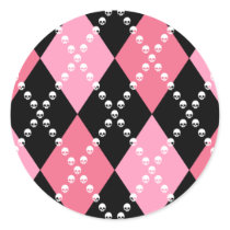 Pink Skull Argyle Round Sticker