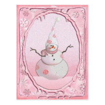 PINK SNOWMAN, SCARF & SNOW HAT by SHARON SHARPE Postcard