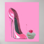 Pink stiletto shoe and cherry cupcake Poster