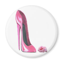 Pink Stiletto Shoe and Rose Fridge Magnets