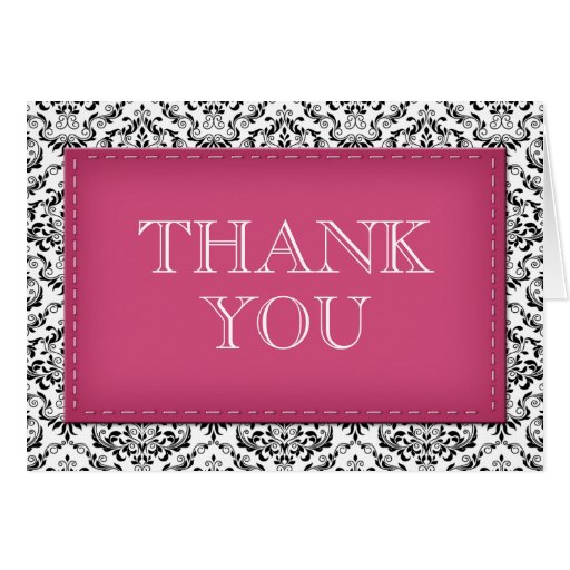Pink Stitched Damask Thank You Note Cards