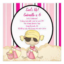 Pink  Stripes Beach Girl Birthday Invitation