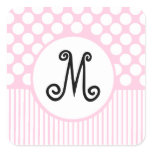 Pink Stripes & White Dots Monogram Square Stickers