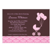 Pink Stroller with Balloons Baby Shower Invitation