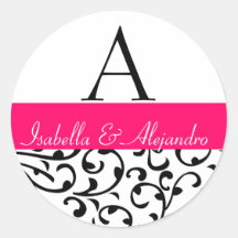 Pink Swirl Damask Monogram Wedding Favour Label Round Stickers