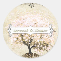 Pink Swirl Heart Leaf Tree Wedding Seal Round Stickers