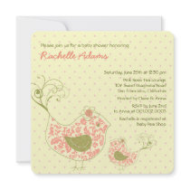 Pink Swirly Mum & Baby Bird Baby Shower Invitation