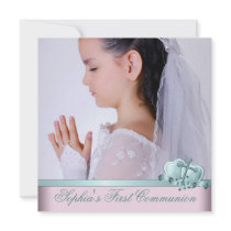 Pink Teal Blue Photo First Communion Invitations