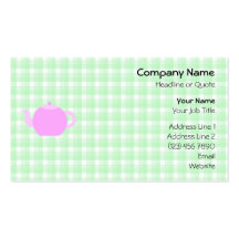 Pink Teapot Design on Green Check. Business Cards