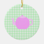 Pink Teapot Design on Green Check. ornaments