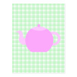 Pink Teapot Design on Green Check. postcards