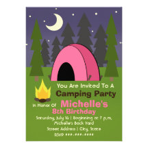Pink Tent Camping Birthday Party Invitation