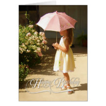 Pink Umbrella Girl Happy Birthday Blank Card