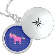 Pink unicorn blue roses locket