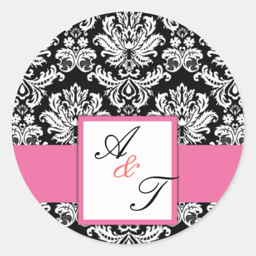 Pink Wedding Monogram Damask Seal Round Stickers
