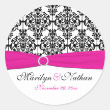 Pink, White, and Black Damask 1.5" Round Sticker