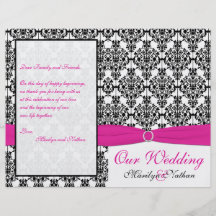 Pink, White, and Black Damask Wedding Program Full Color Flyer