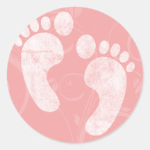 Pink/White Baby Footprints Round Stickers