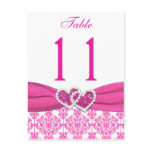 Pink, White Damask Joined Hearts Table Number