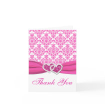 Pink, White Damask Joined Hearts Thank You Card
