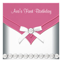 Pink White Girls First Birthday Party Custom Invites