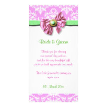 Pink white green damask wedding personalized photo card
