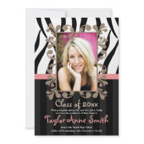 Pink Zebra Graduation Photo Announcements Invites