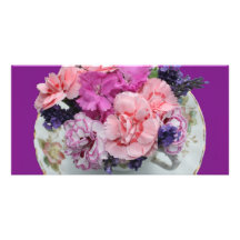 Pinks carnations in teacup personalized photo card