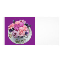 Pinks carnations in teacup photo greeting card