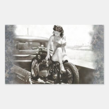 PINUP GIRL ON MOTORCYCLE RECTANGLE STICKERS