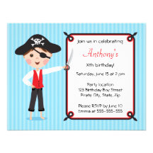 Pirate boy cartoon boys birthday party invitation