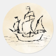 Pirate Ship. Parchment Pattern Background. Round Sticker