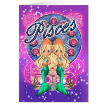 Pisces Zodiac Cute Card With Two Mermaids