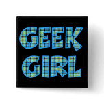 Plaid Geek Girl Blue and Green Pinback Buttons